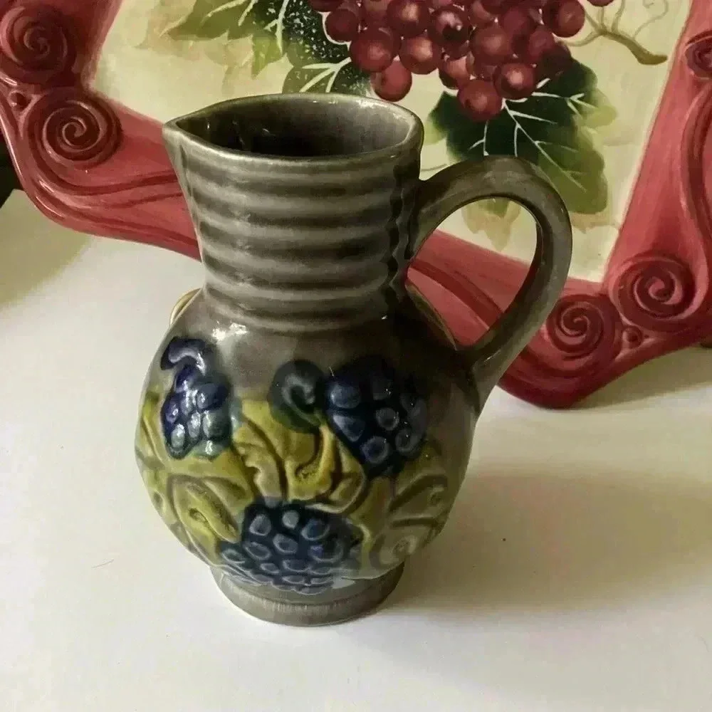 Vintage West Germany Ceramic Pitcher Wine Jug Grapes & Leaves Scheurich Kiramic